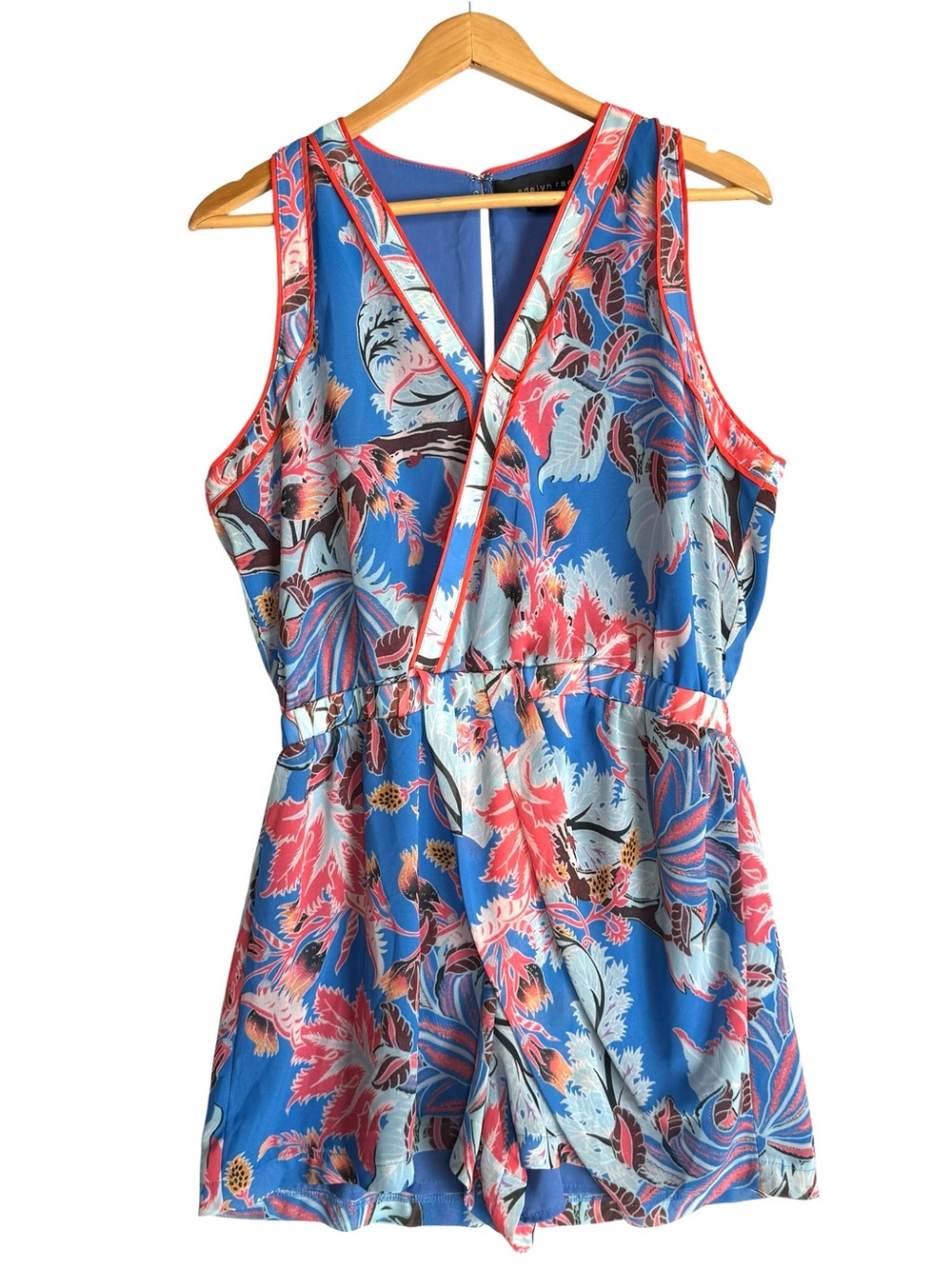 Adelyn Rae Blue Floral Sleeveless Wrap Front Romper Blue Coral Orange LARGE